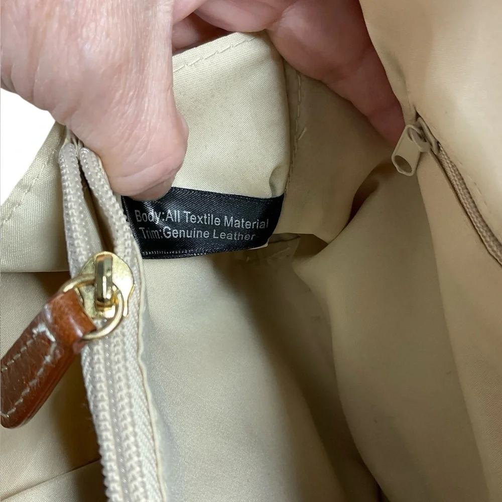 Giani Bernini Off-White Straw Top Handle Brown Leather Accent Satchel Purse Bag